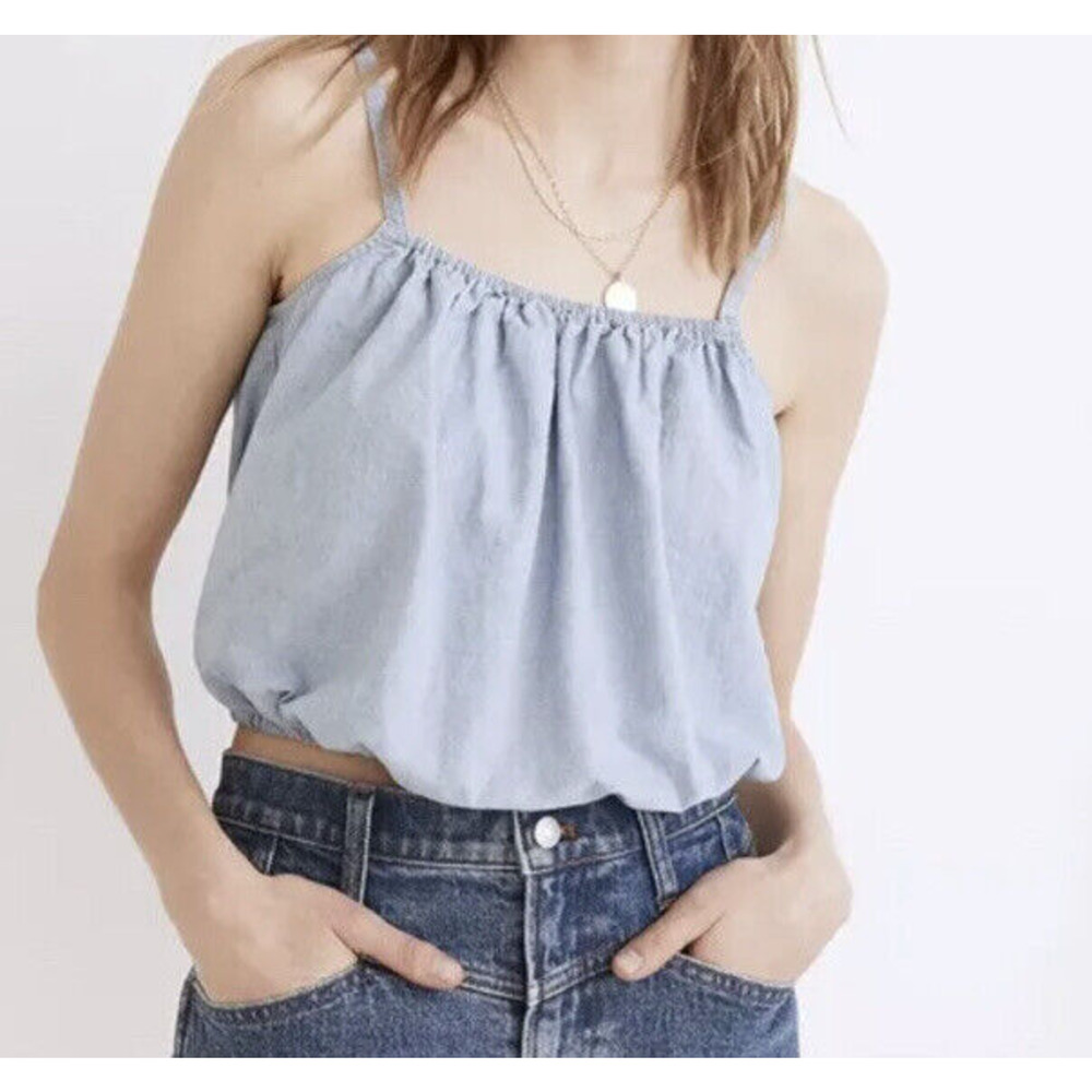 New Madewell Womans XL Blouse Meriden Chambray Blue‎ Crop Top Button Back NWT